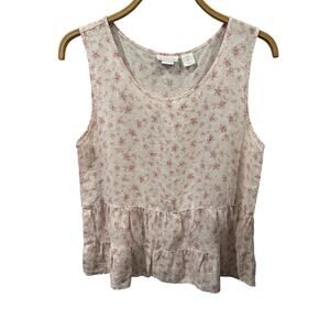 Shabby Chic Ruffled Floral Cottage Linen Sleeveless Blouse Small